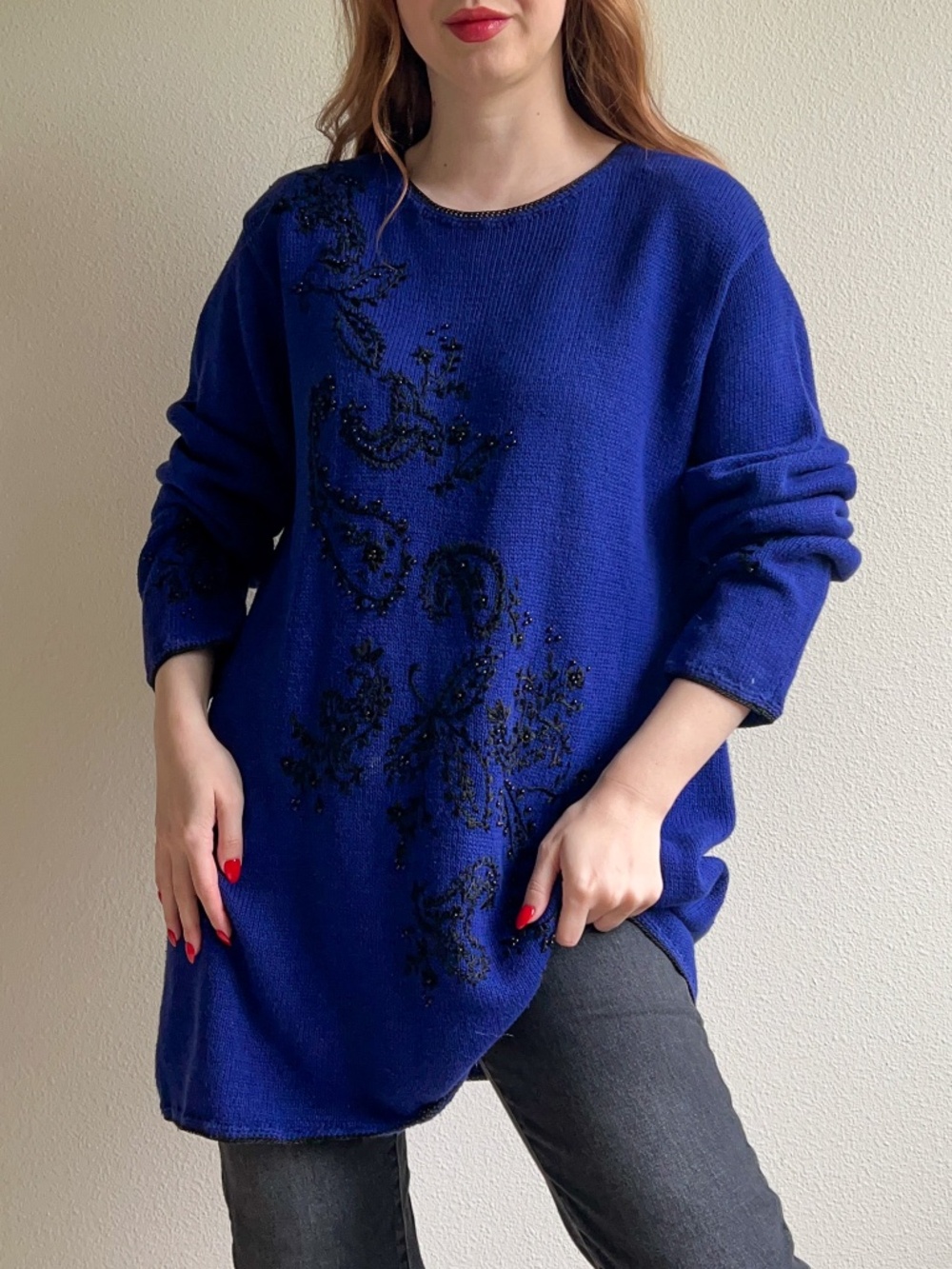 Vintage 1980s Deep Blue Sweater With Black Embroidery (XXL)